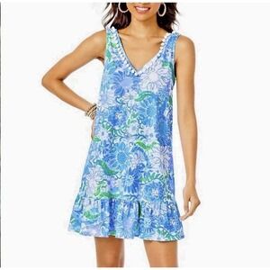Lilly Pulitzer Camilla Swing Dress Pom Poms Frenchie Blue Suns Out Large EUC